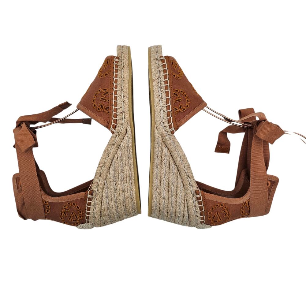 Gucci GG Espadrille Wedge Sandal Eyelet Canvas Ankle Tie Brown Size 37 US 7 - Picture 7 of 12